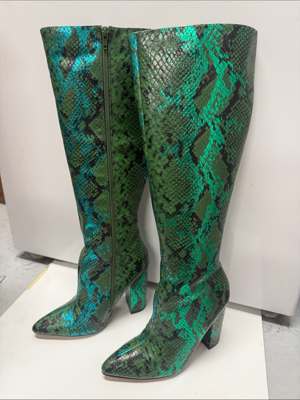 Green Snake-Print Knee-High Boots - Metallic Brand New - Never Worn - Sized 7.5